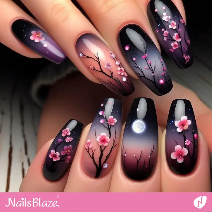 Glossy Nails with Cherry Blossoms Design | Tree Nails - NB3315
